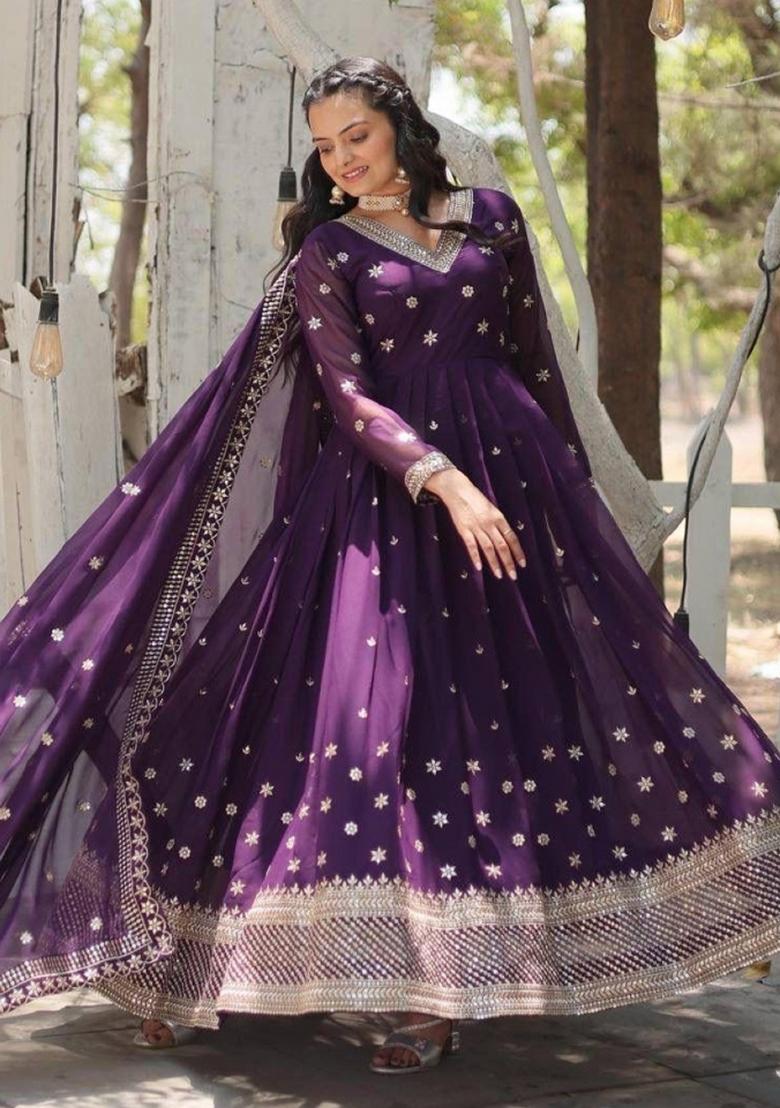 Purple Embroidered Georgette Anarkali With Dupatta - Indya