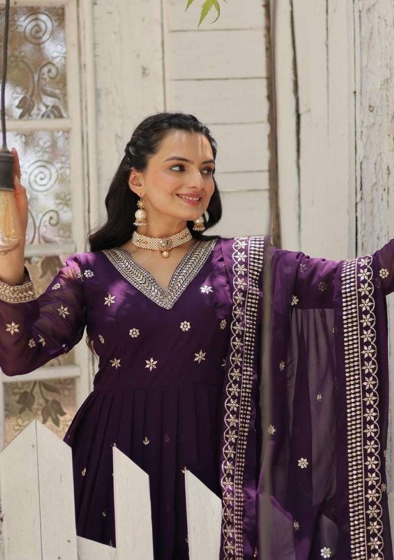 Purple Embroidered Georgette Anarkali With Dupatta - Indya