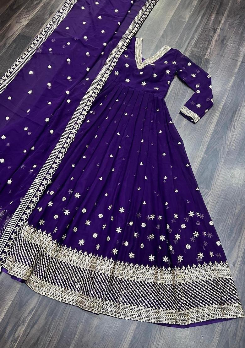Purple Embroidered Georgette Anarkali With Dupatta - Indya