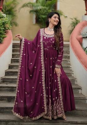 Maroon Embroidered Silk Blend Kurta Set