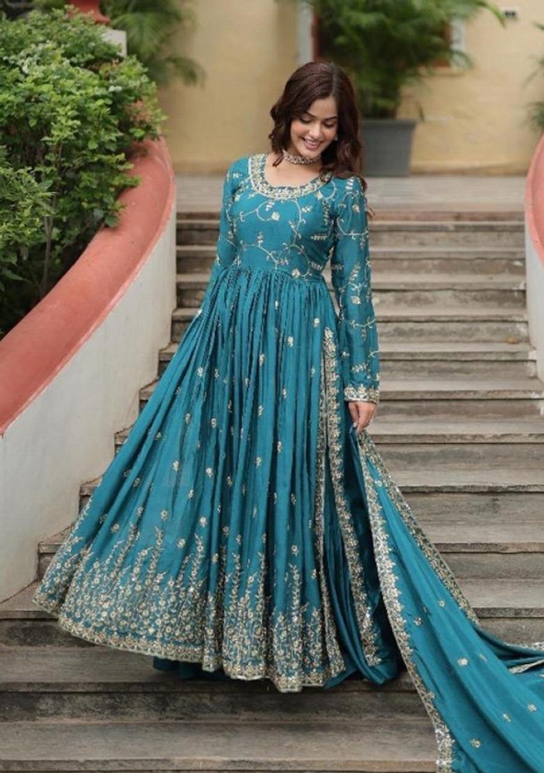 Blue Embroidered Silk Blend Kurta Set - Indya
