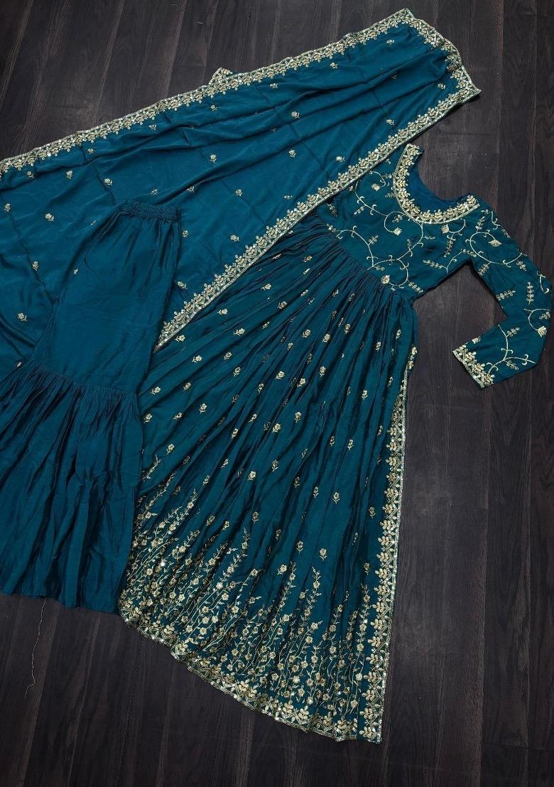 Blue Embroidered Silk Blend Kurta Set - Indya