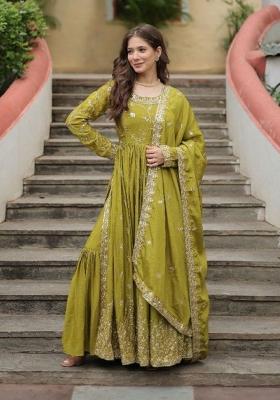 Mustard Embroidered Silk Blend Kurta Set