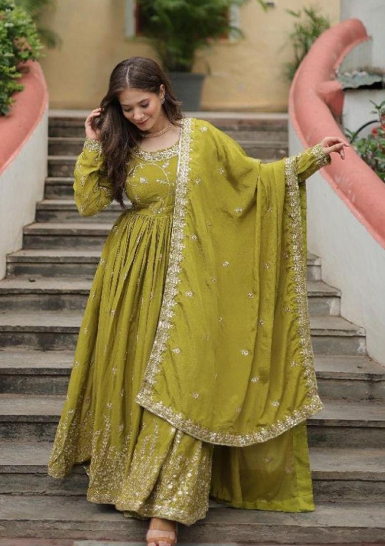 Mustard Embroidered Silk Blend Kurta Set - Indya