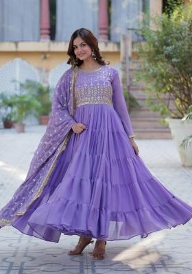 Lavender Embroidered Georgette Anarkali With Dupatta