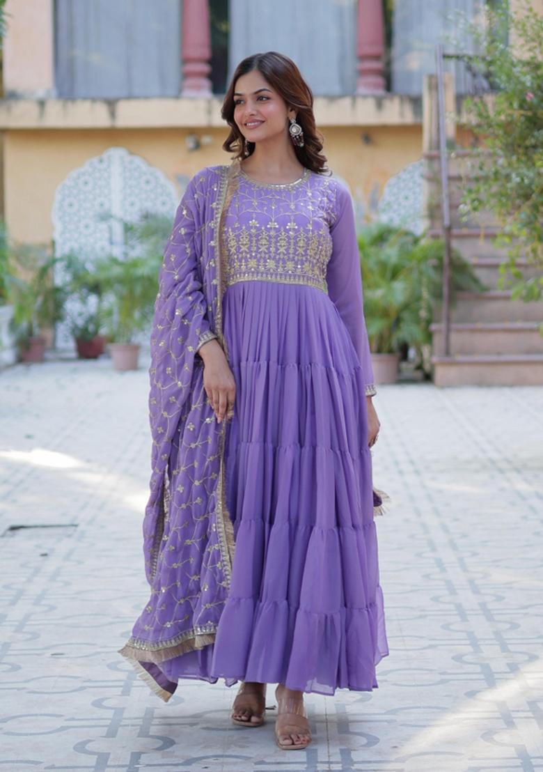 Lavender Embroidered Georgette Anarkali With Dupatta - Indya