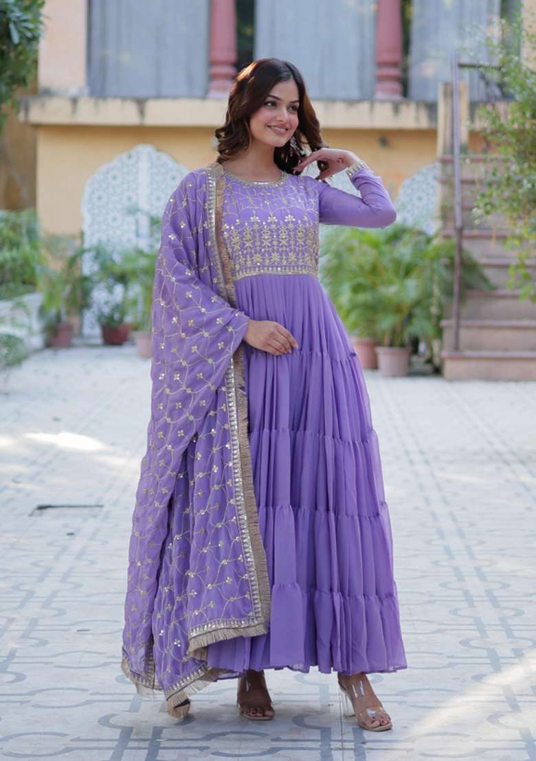 Lavender Embroidered Georgette Anarkali With Dupatta - Indya