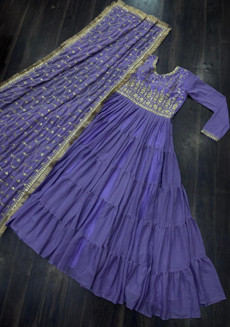 Lavender Embroidered Georgette Anarkali With Dupatta - Indya
