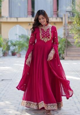 Red Embroidered Georgette Anarkali With Dupatta