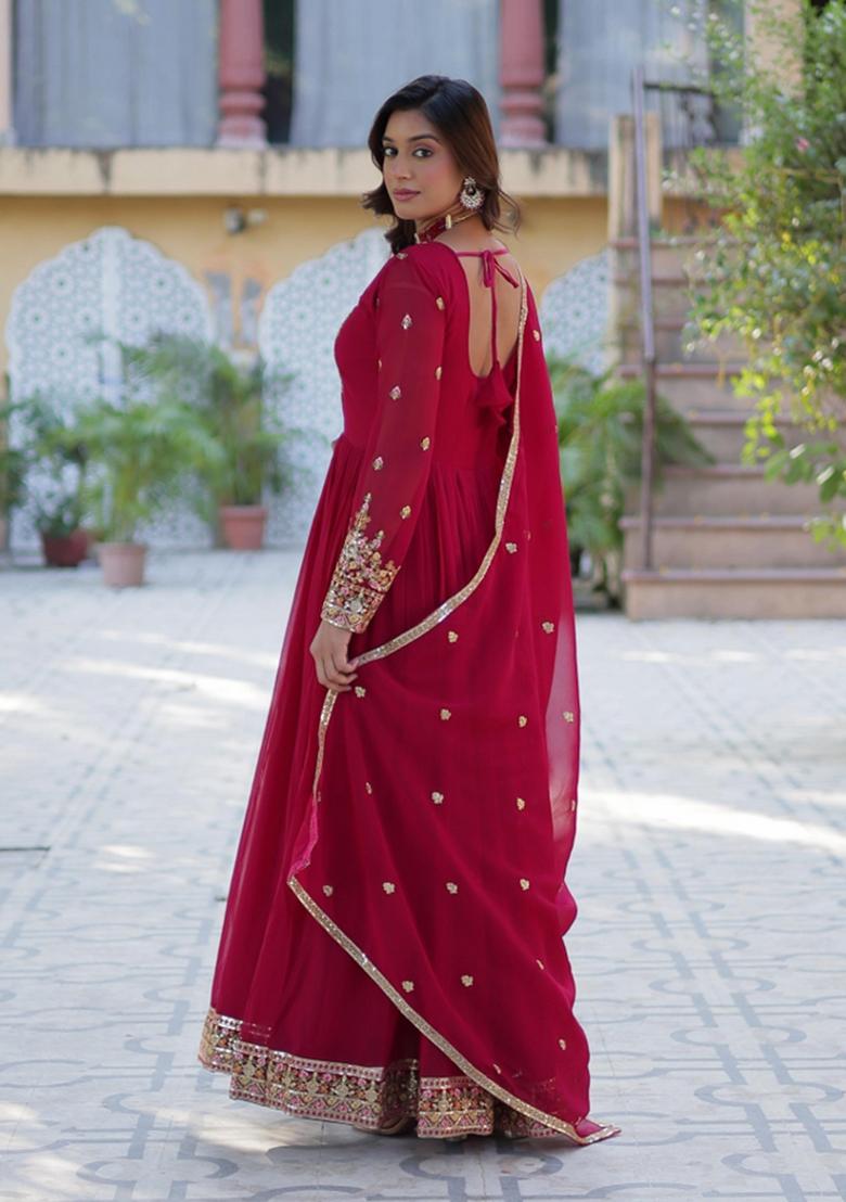 Red Embroidered Georgette Anarkali With Dupatta - Indya