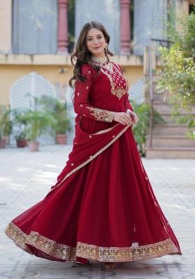 Maroon Embroidered Georgette Anarkali With Dupatta