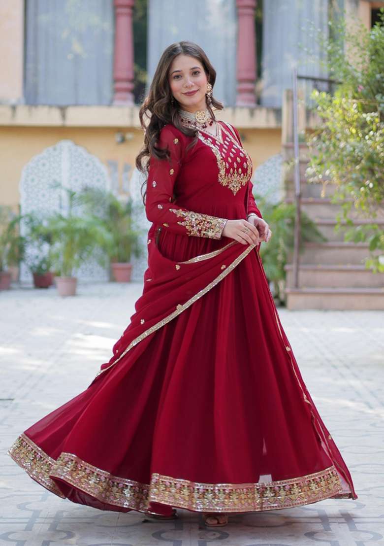 Maroon Embroidered Georgette Anarkali With Dupatta - Indya