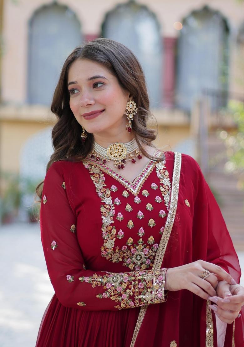 Maroon Embroidered Georgette Anarkali With Dupatta - Indya
