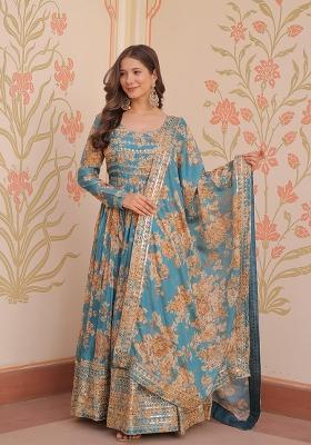 Blue Embroidered Silk Blend Anarkali With Dupatta
