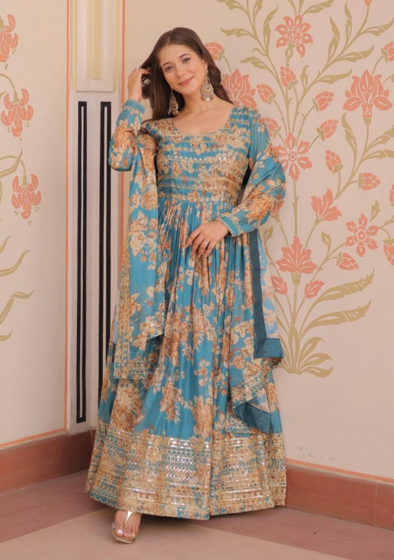 Blue Embroidered Silk Blend Anarkali With Dupatta - Indya