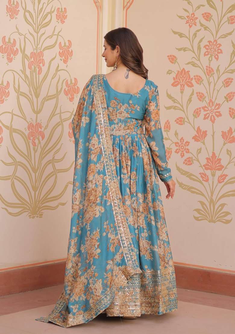 Blue Embroidered Silk Blend Anarkali With Dupatta - Indya
