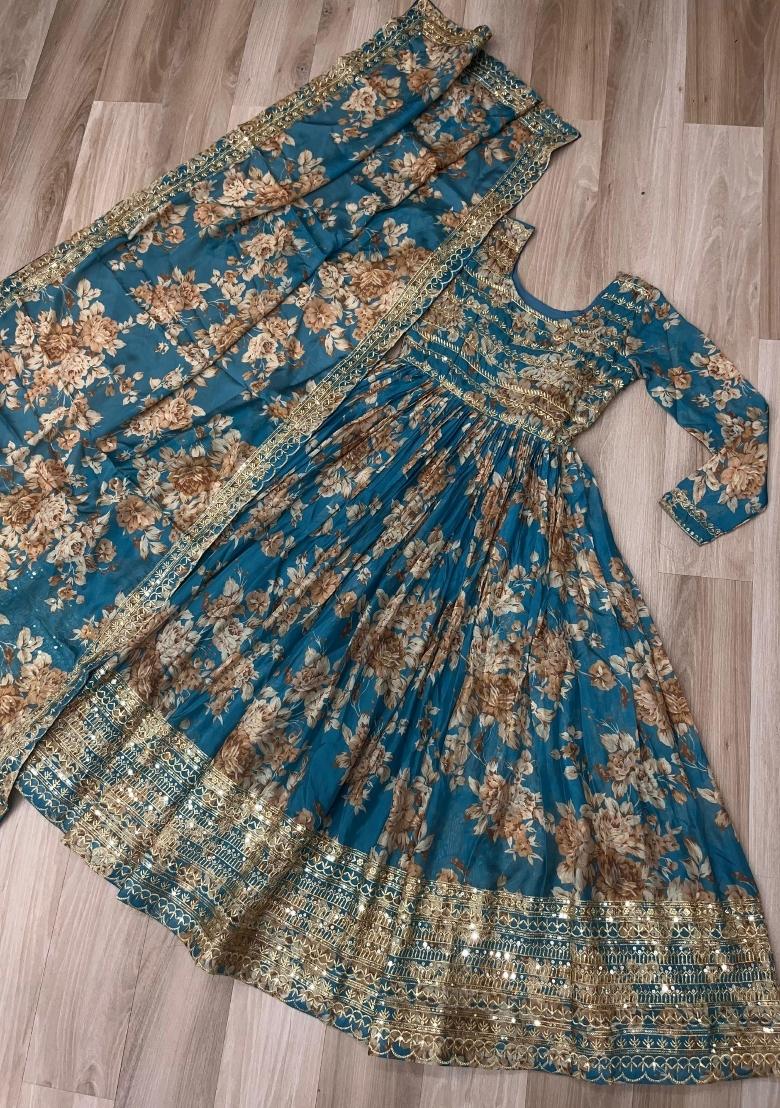 Blue Embroidered Silk Blend Anarkali With Dupatta - Indya
