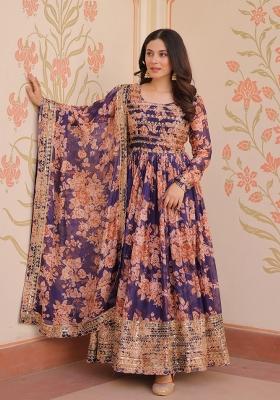 Violet Embroidered Silk Blend Anarkali With Dupatta