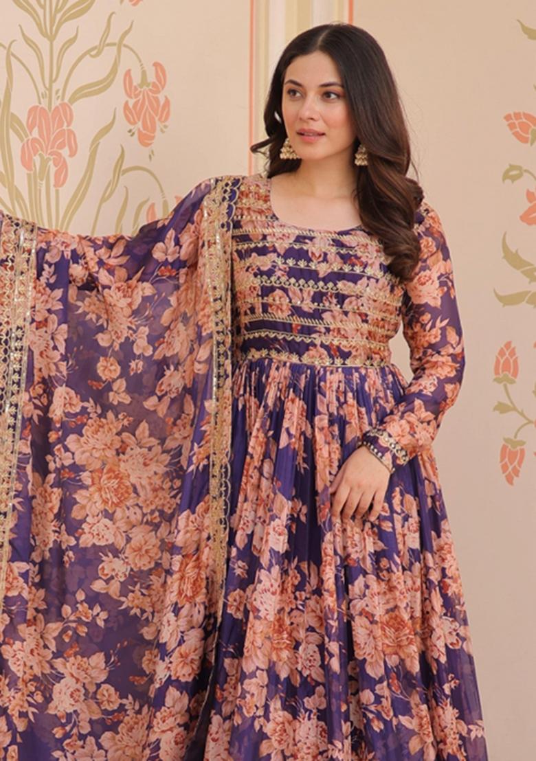 Violet Embroidered Silk Blend Anarkali With Dupatta - Indya