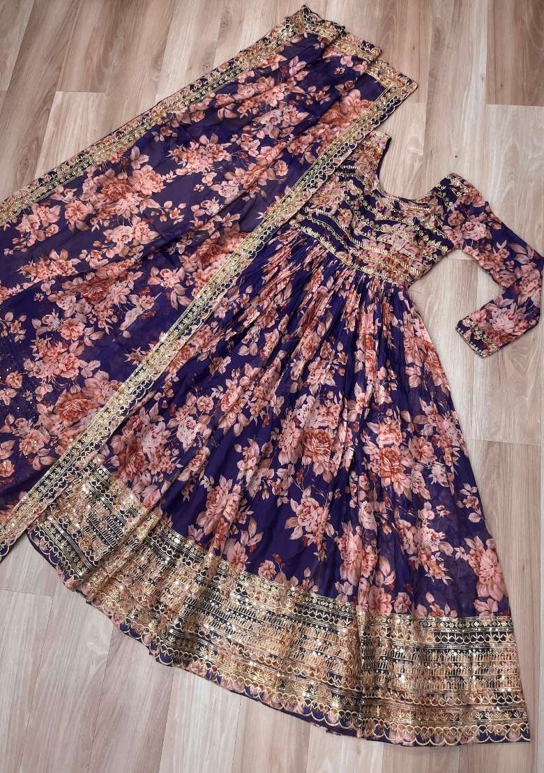 Violet Embroidered Silk Blend Anarkali With Dupatta - Indya