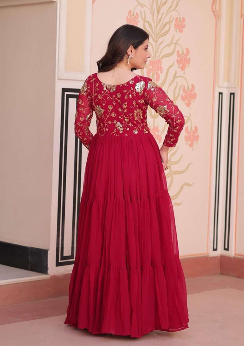 Red Embroidered Georgette Anarkali - Indya