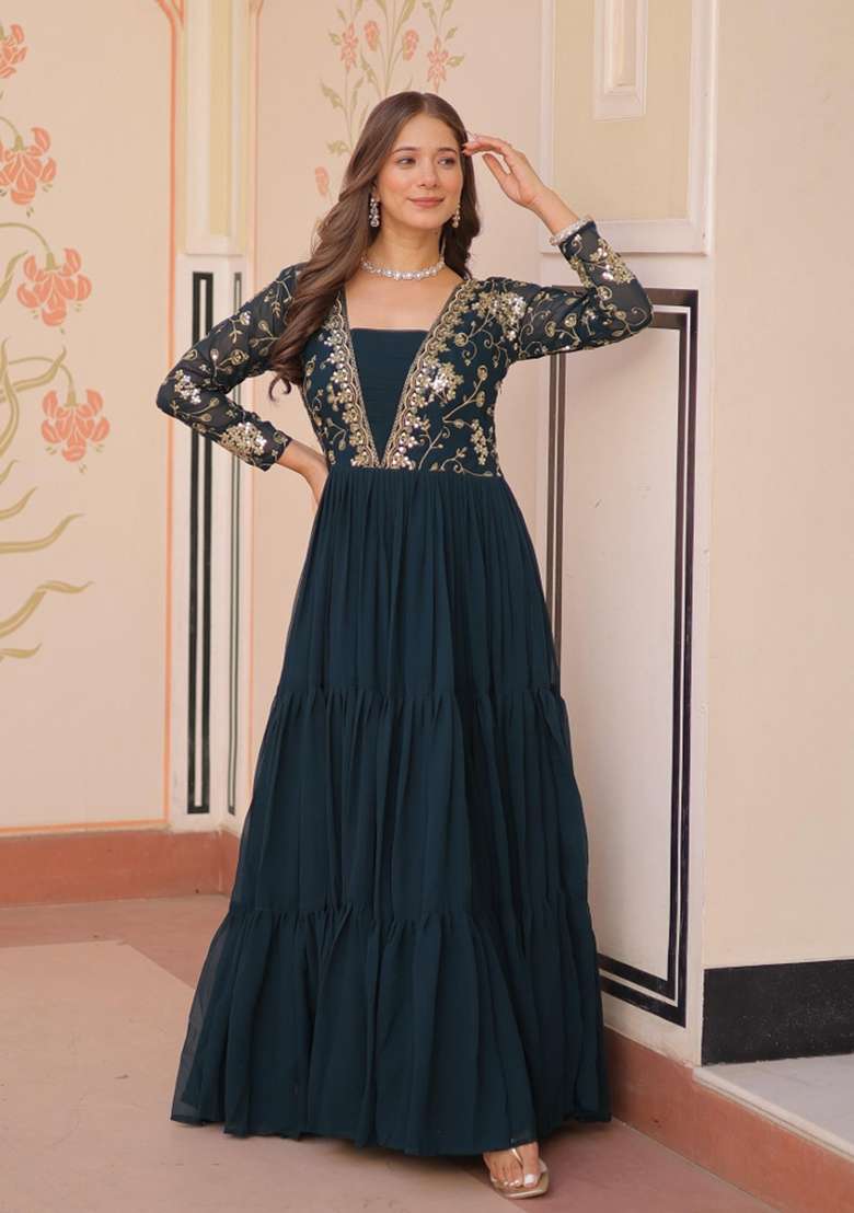 Navy Blue Embroidered Georgette Anarkali - Indya