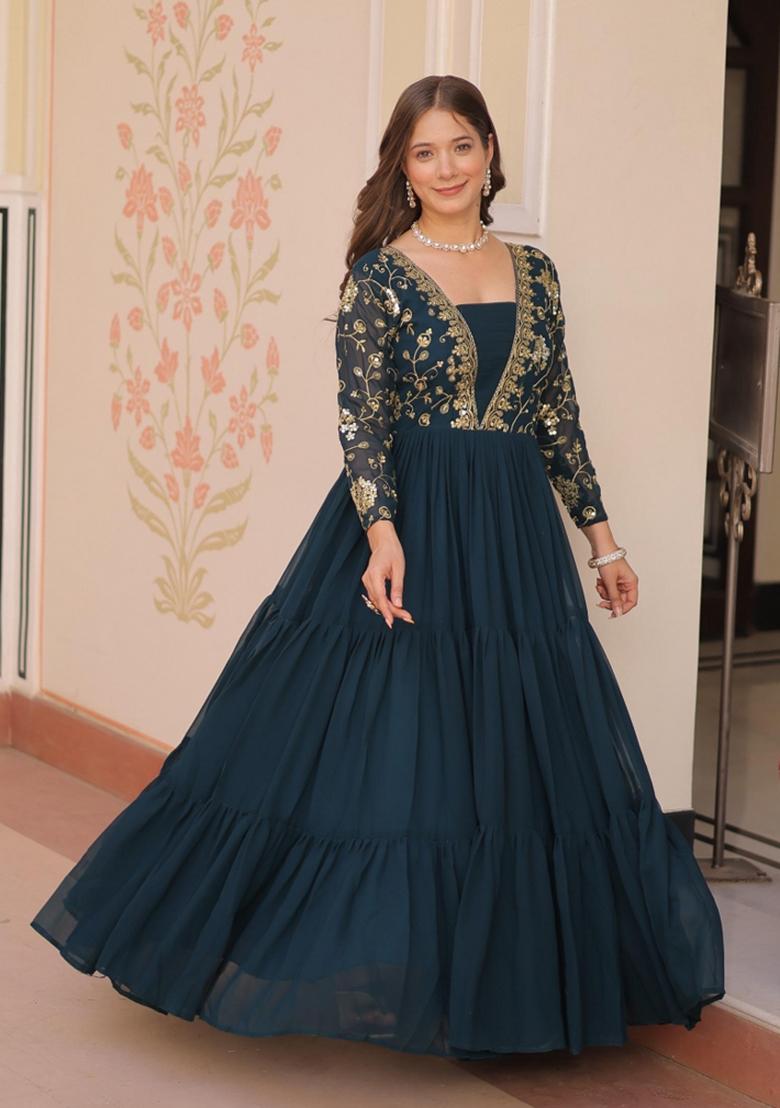 Navy Blue Embroidered Georgette Anarkali - Indya