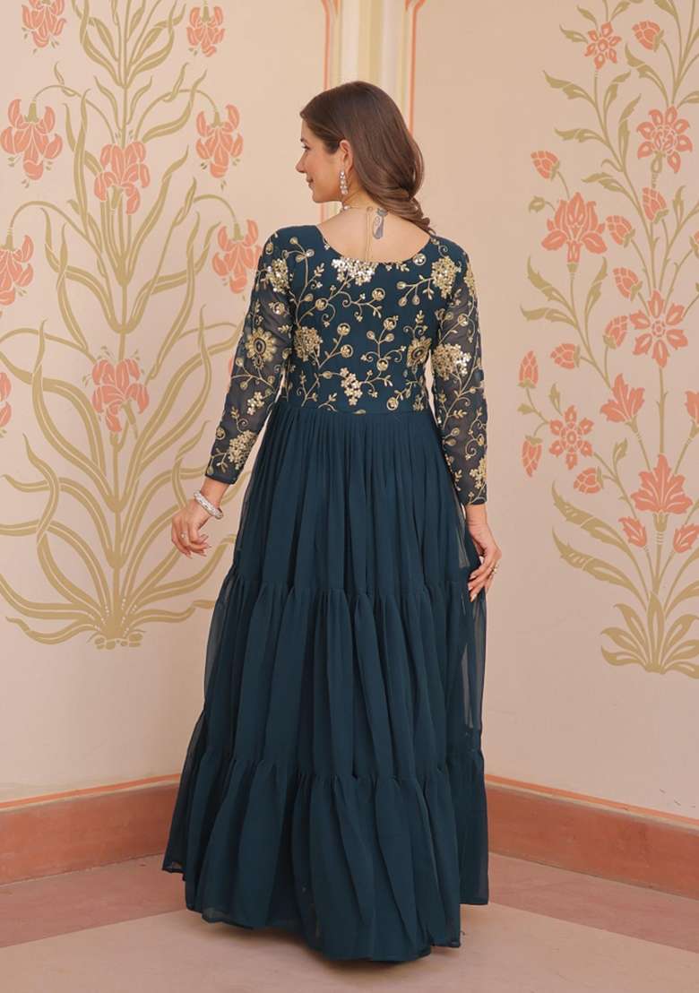 Navy Blue Embroidered Georgette Anarkali - Indya
