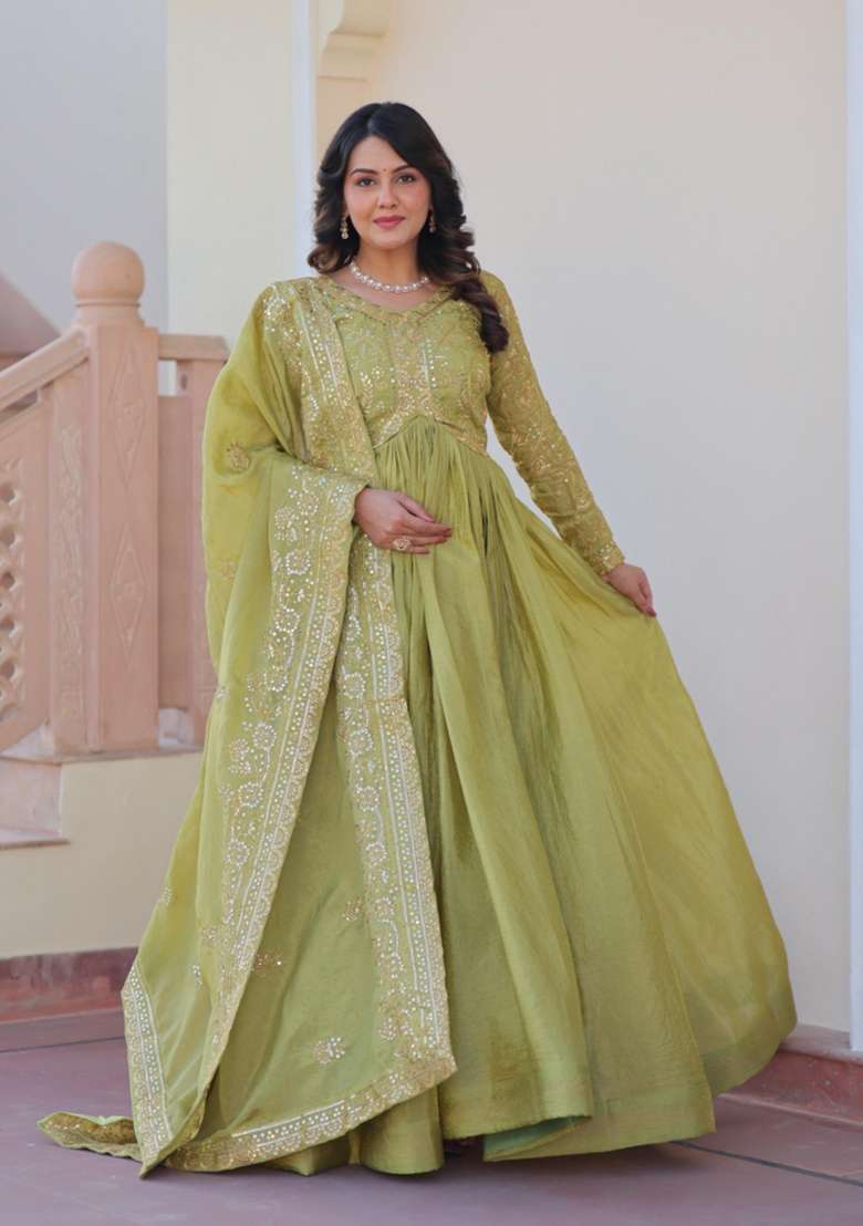 Green Embroidered Silk Blend Anarkali With Dupatta - Indya