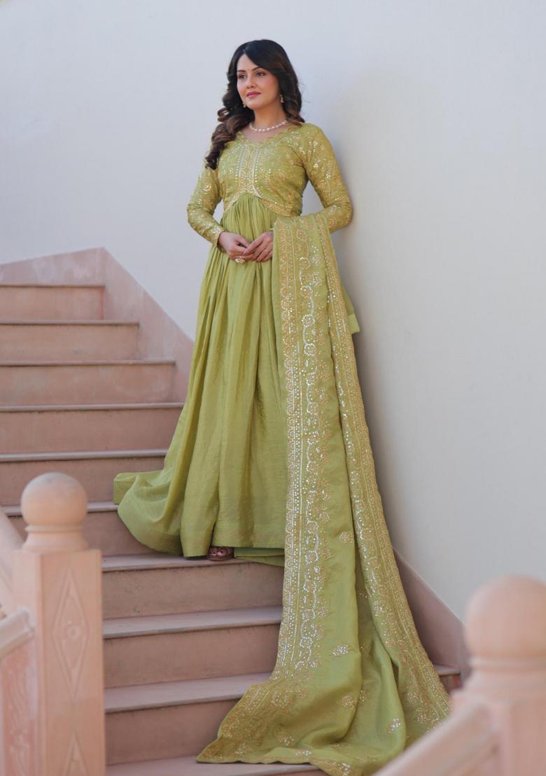 Green Embroidered Silk Blend Anarkali With Dupatta - Indya