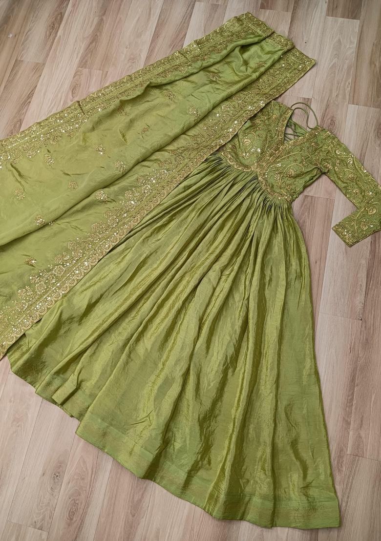 Green Embroidered Silk Blend Anarkali With Dupatta - Indya
