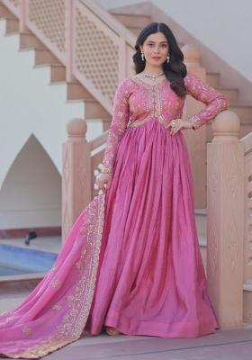 Pink Embroidered Silk Blend Anarkali With Dupatta