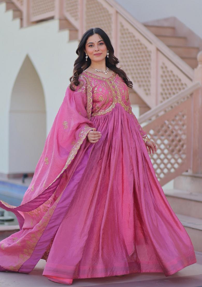 Pink Embroidered Silk Blend Anarkali With Dupatta - Indya