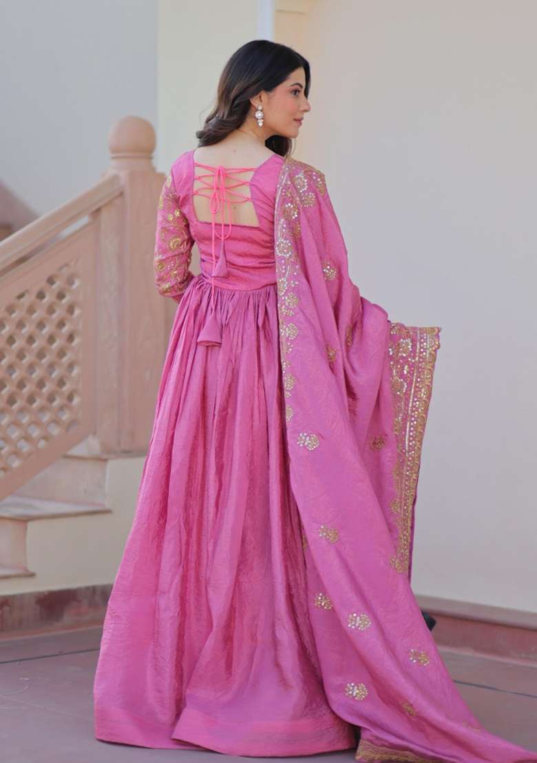 Pink Embroidered Silk Blend Anarkali With Dupatta - Indya