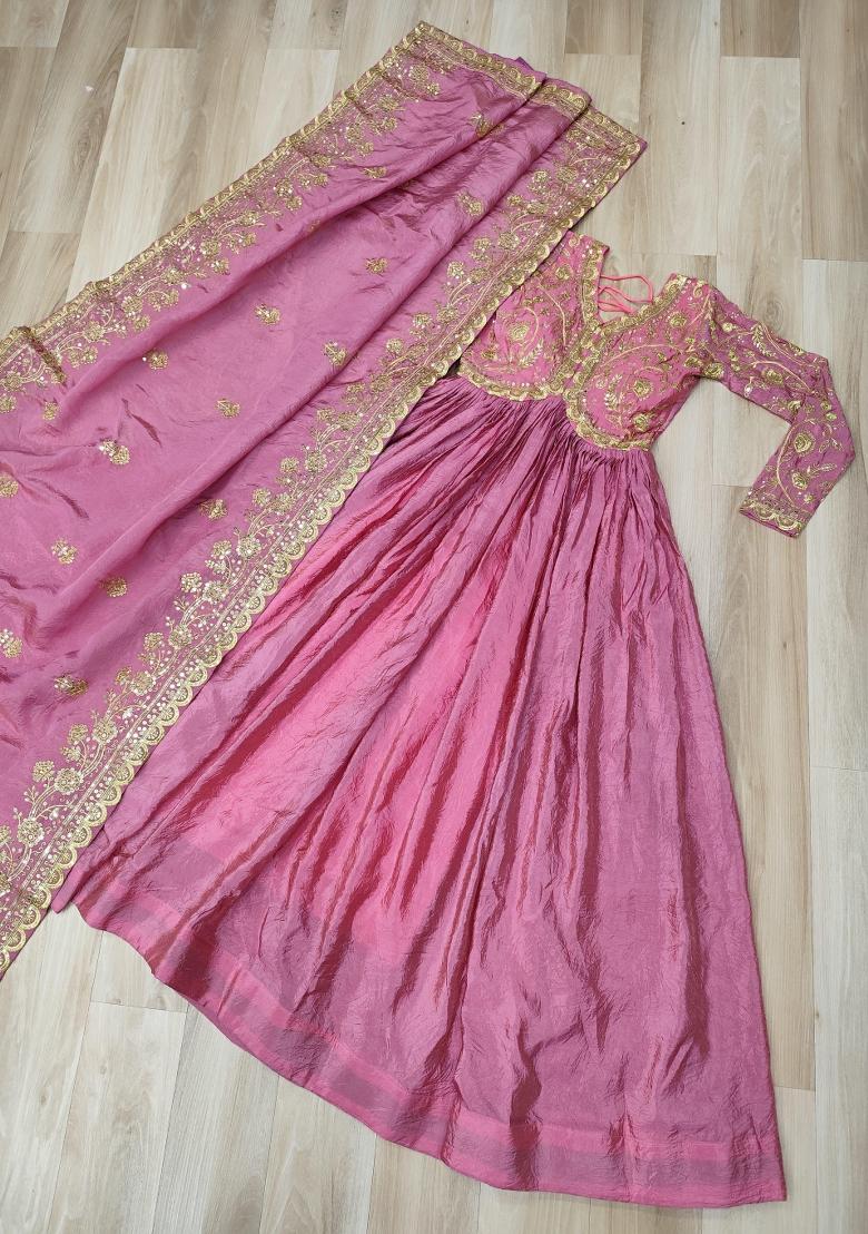 Pink Embroidered Silk Blend Anarkali With Dupatta - Indya