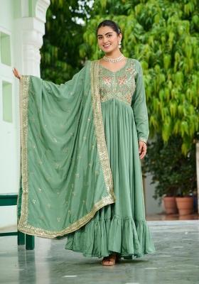 Sea Green Embroidered Silk Blend Anarkali With Dupatta