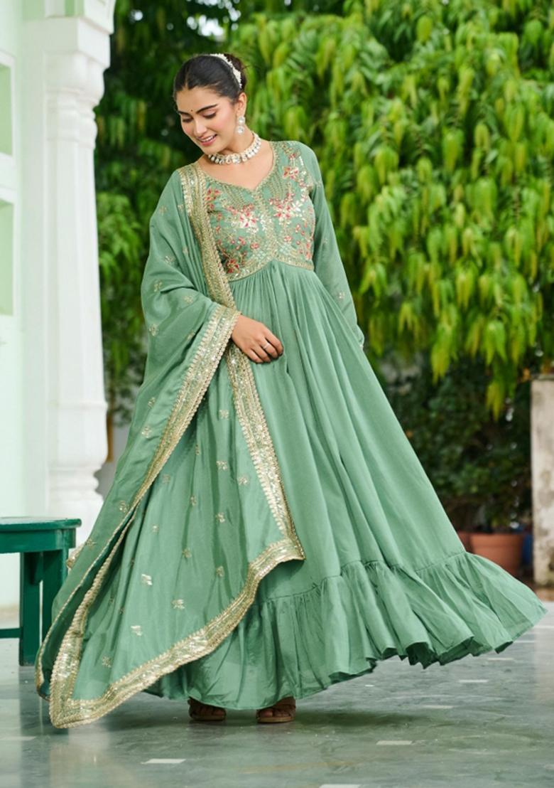 Sea Green Embroidered Silk Blend Anarkali With Dupatta - Indya