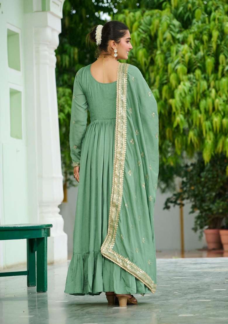Sea Green Embroidered Silk Blend Anarkali With Dupatta - Indya