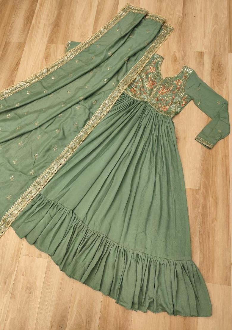 Sea Green Embroidered Silk Blend Anarkali With Dupatta - Indya