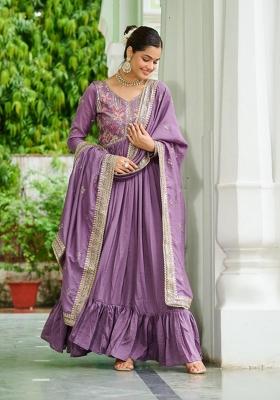 Lavender Embroidered Silk Blend Anarkali With Dupatta