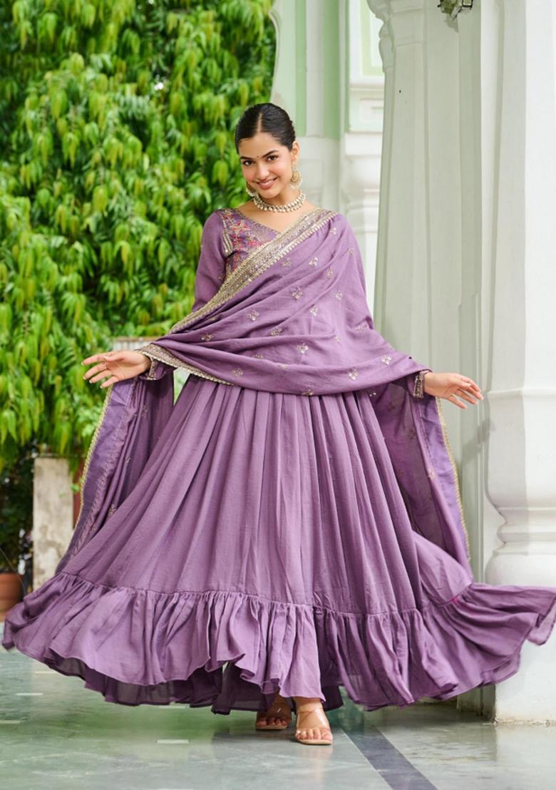 Lavender Embroidered Silk Blend Anarkali With Dupatta - Indya