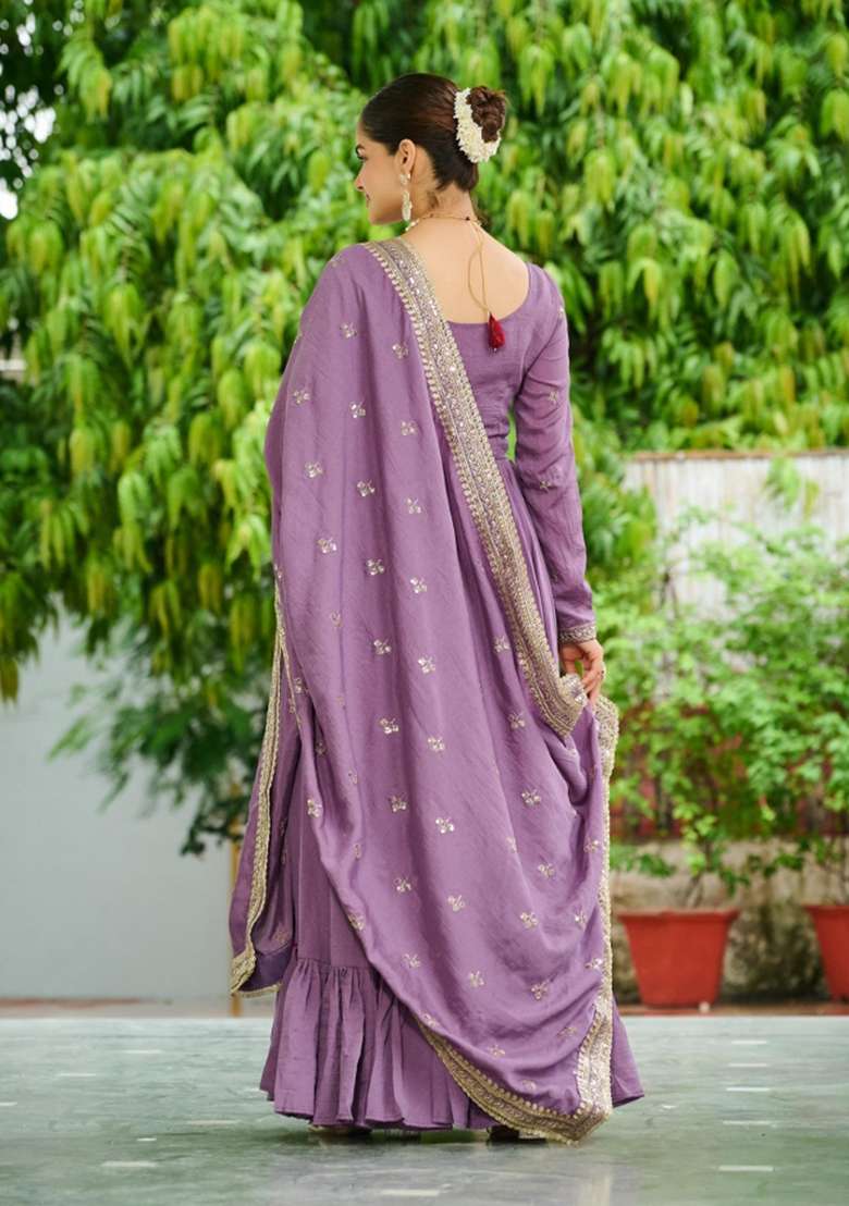 Lavender Embroidered Silk Blend Anarkali With Dupatta - Indya