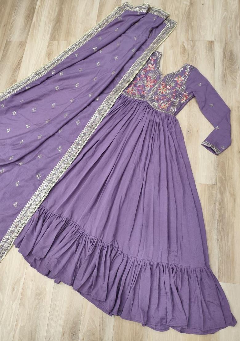 Lavender Embroidered Silk Blend Anarkali With Dupatta - Indya