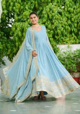 Blue Embroidered Silk Blend Anarkali With Dupatta