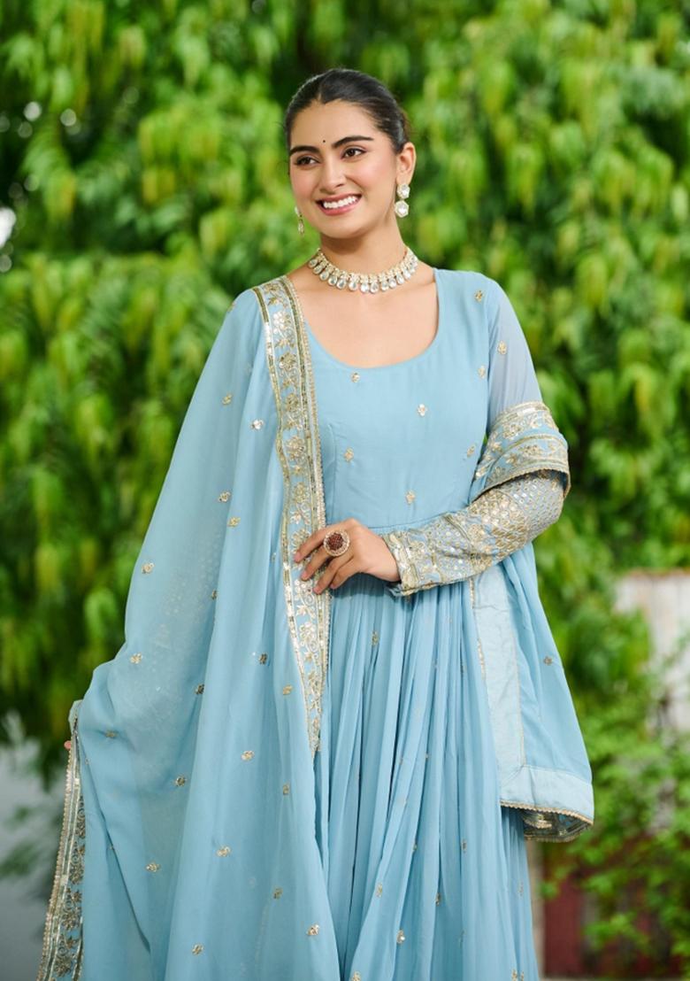Blue Embroidered Silk Blend Anarkali With Dupatta - Indya