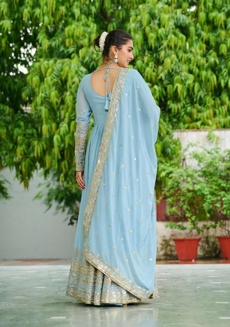 Blue Embroidered Silk Blend Anarkali With Dupatta - Indya