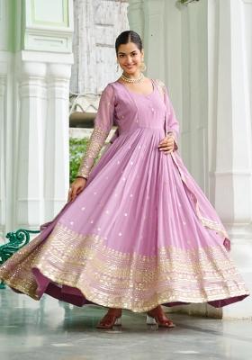 Lavender Embroidered Silk Blend Anarkali With Dupatta