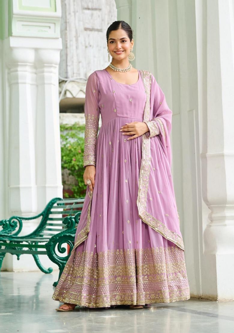 Lavender Embroidered Silk Blend Anarkali With Dupatta - Indya