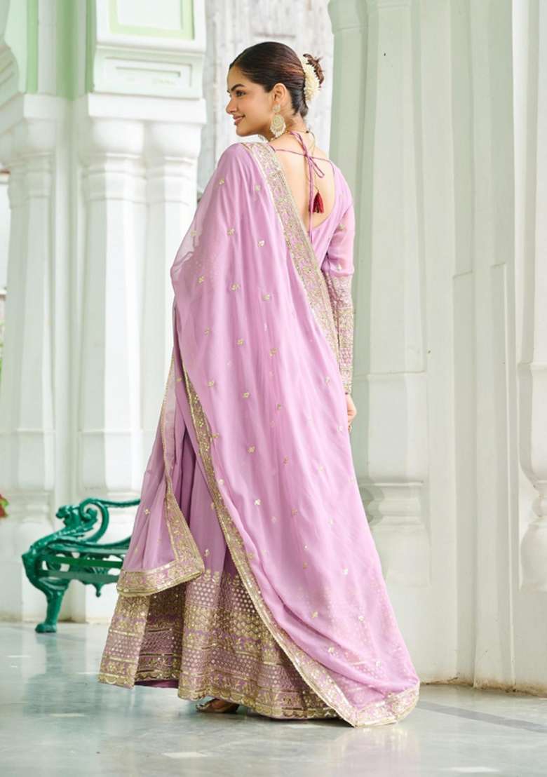 Lavender Embroidered Silk Blend Anarkali With Dupatta - Indya