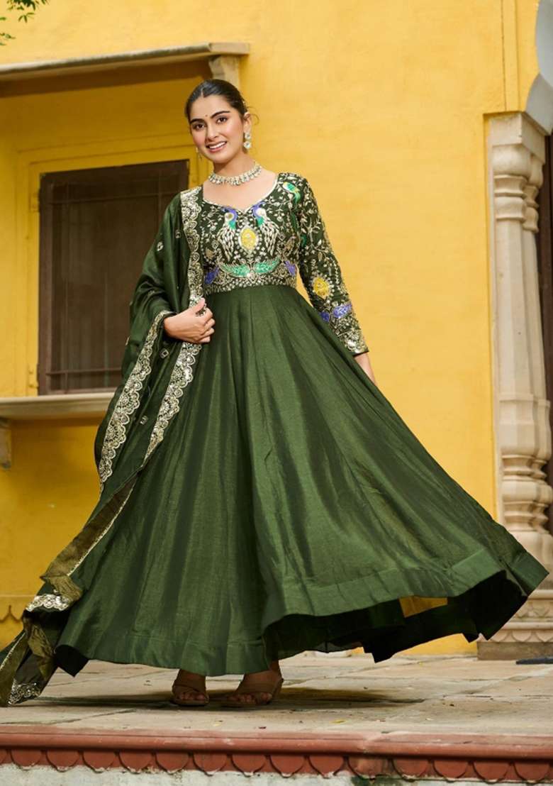 Mehendi Green Embroidered Silk Blend Anarkali With Dupatta - Indya